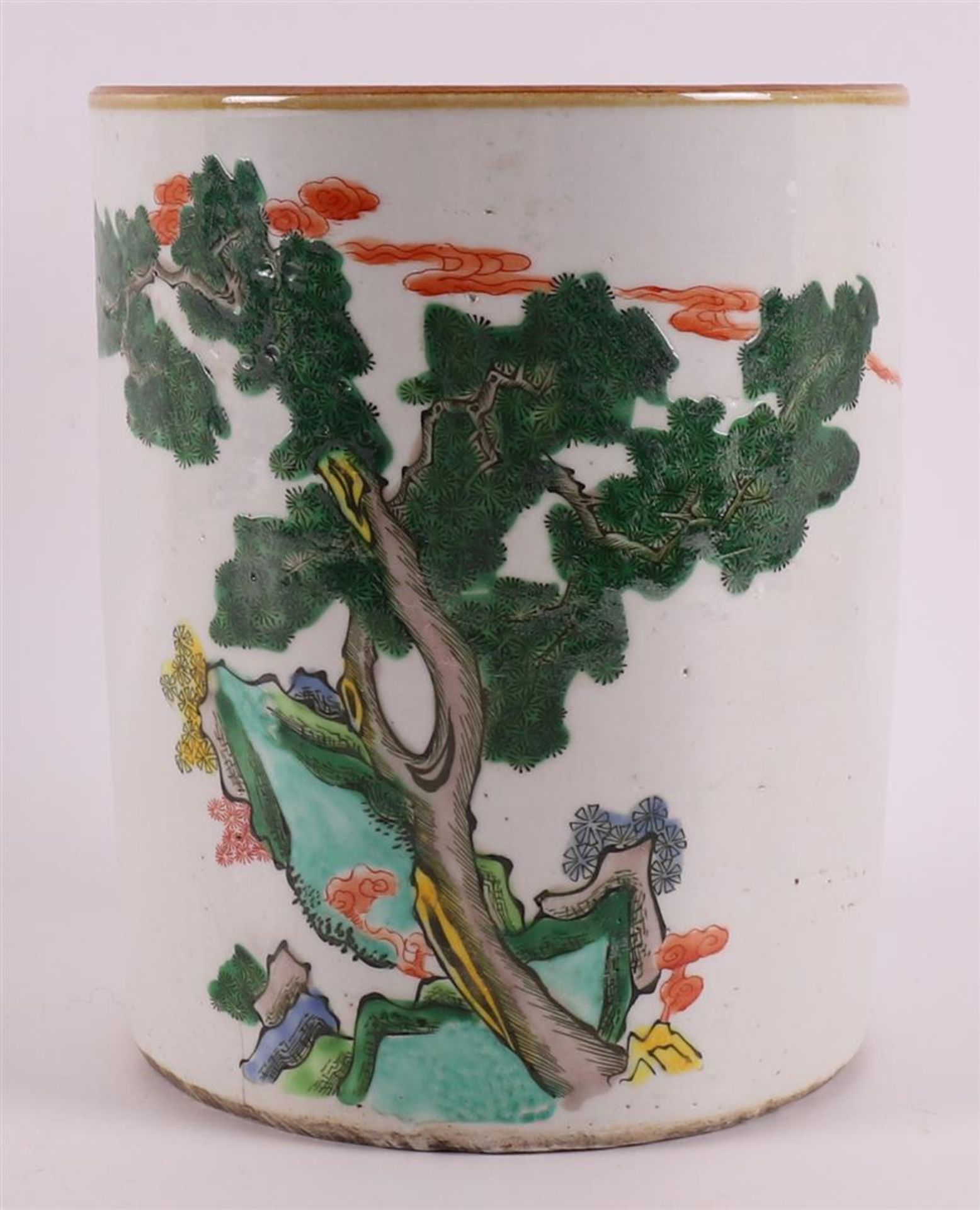 A cylindrical porcelain famille verte brush pot, China, late 19th century - Image 3 of 8