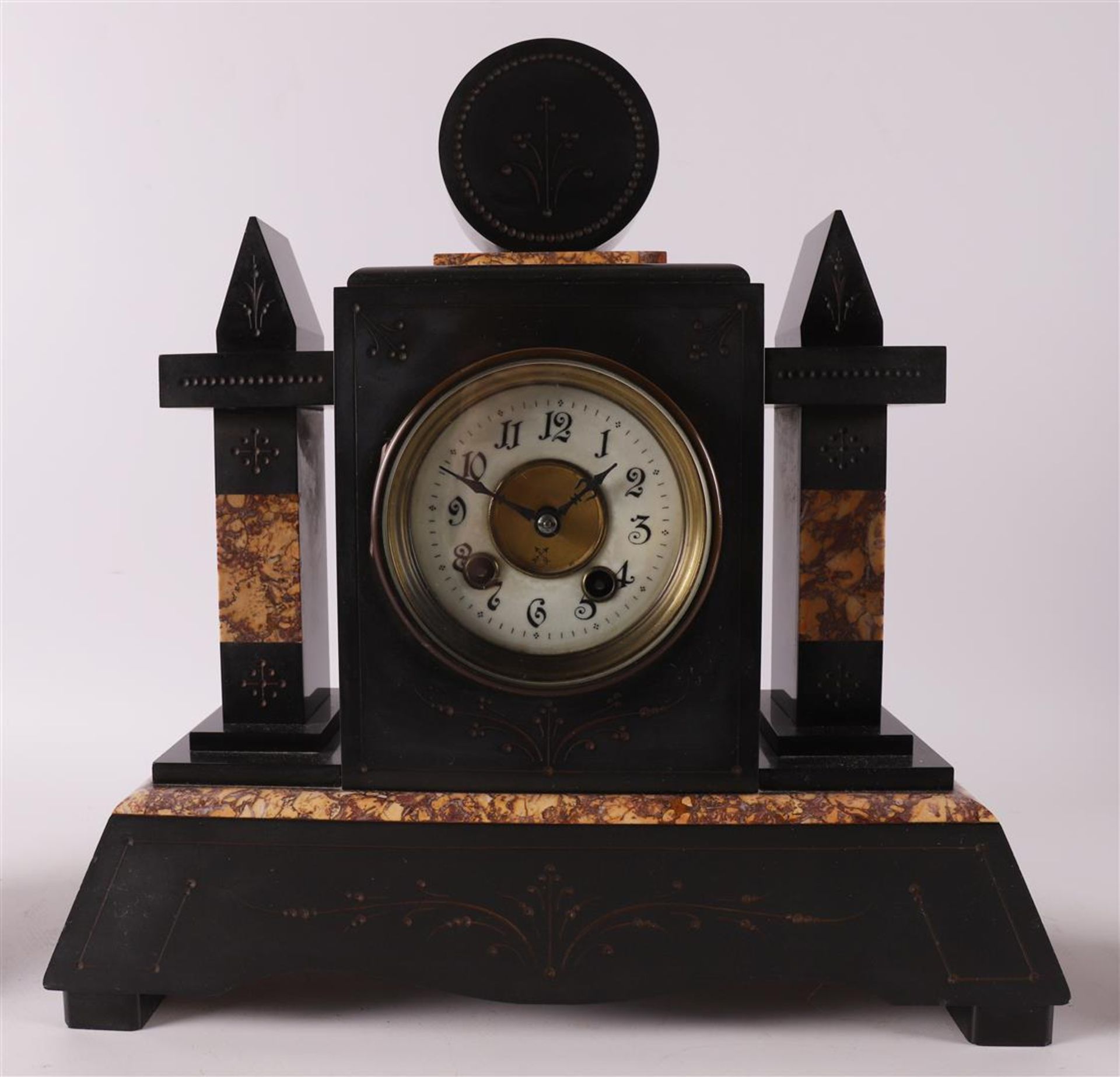 A three-piece black marble mantel clock, late 19th century. - Image 2 of 6