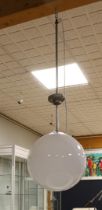 A chrome metal school lamp with white glass convex shade, 1960s.