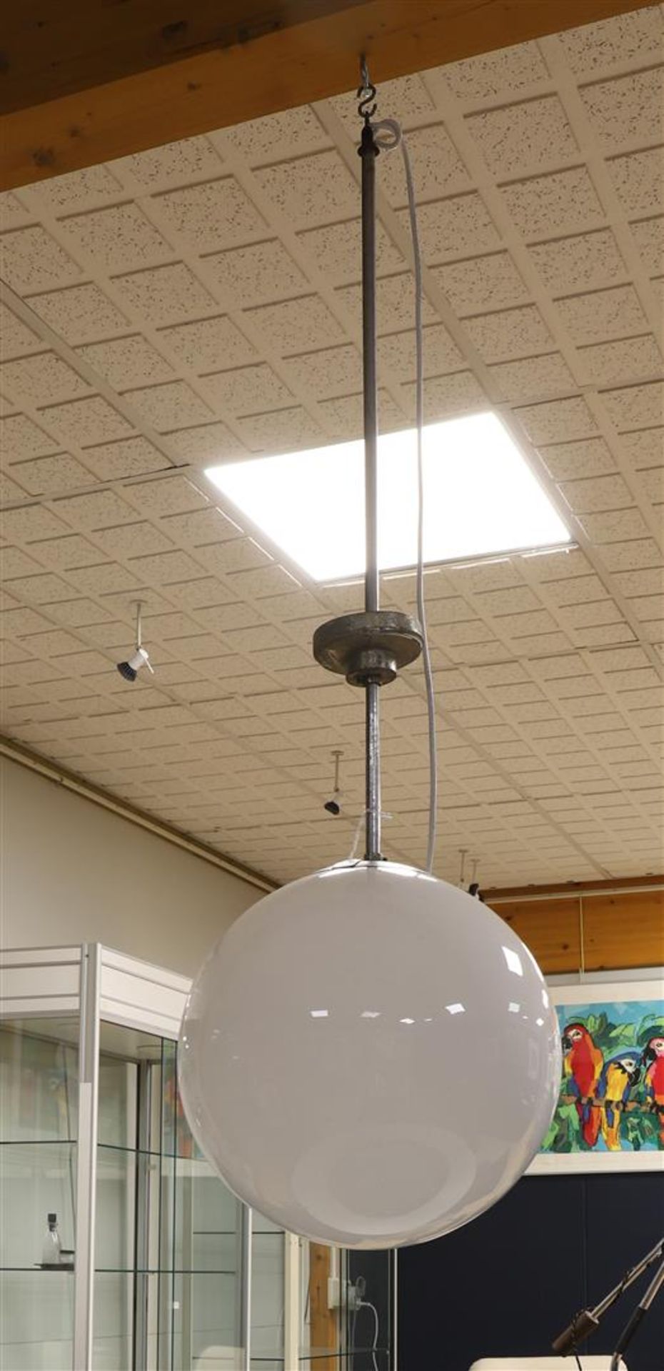 A chrome metal school lamp with white glass convex shade, 1960s.