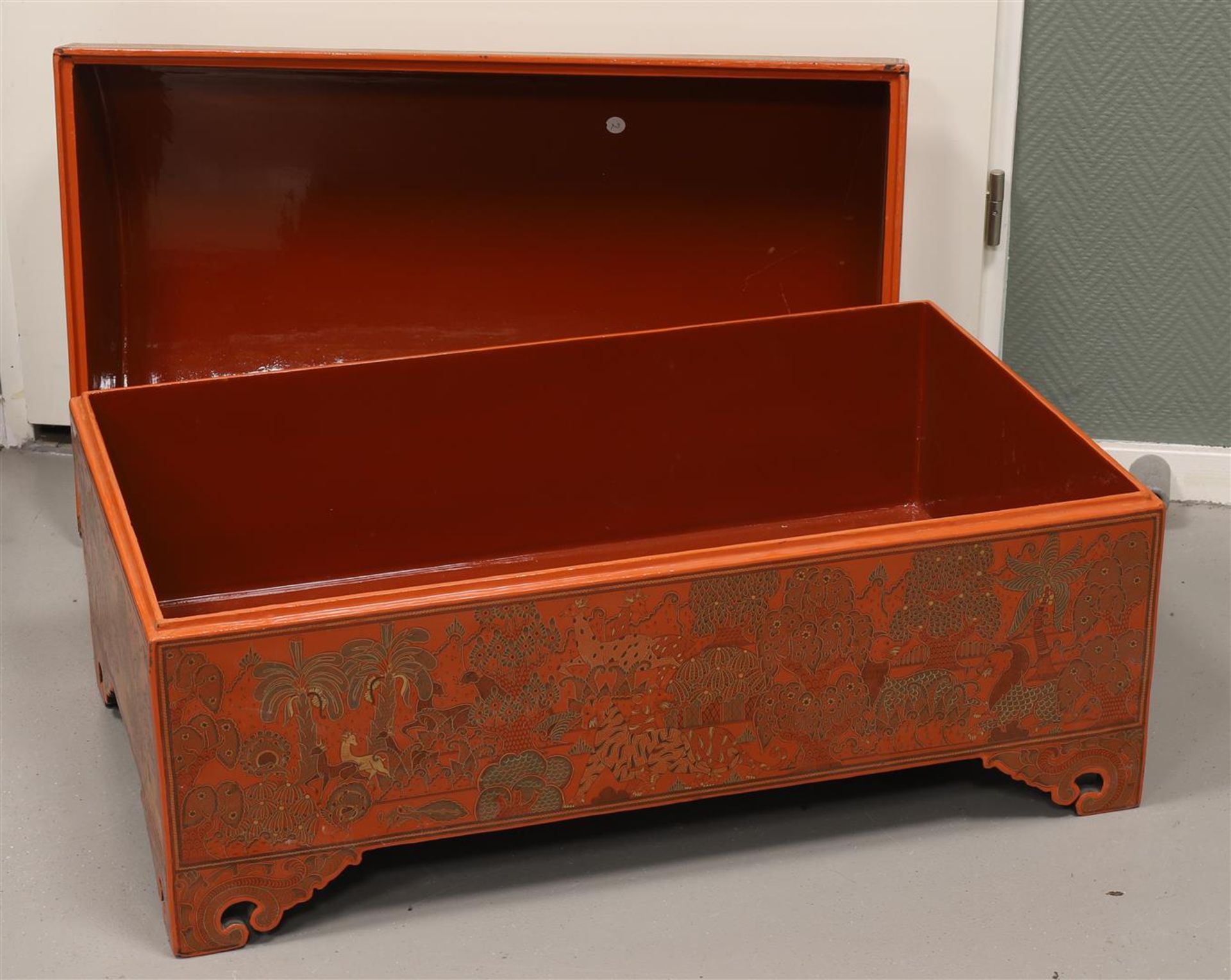 A red Burmese lacquer chest, Burma, after an antique example, 20th century. - Image 3 of 3