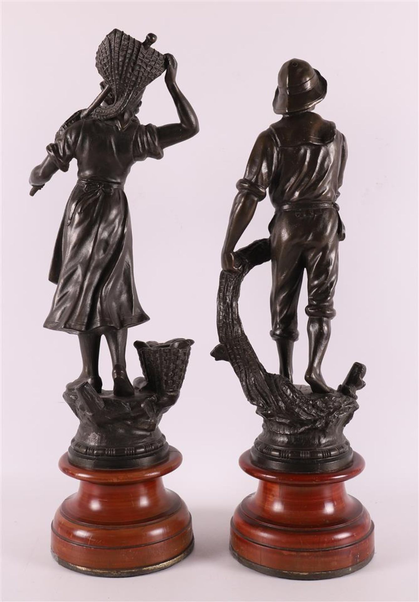 A brown patinated white metal 'samac' fisherman and fisherwoman, France 1900 - Image 2 of 4