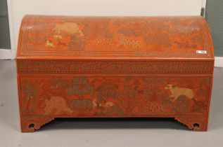A red Burmese lacquer chest, Burma, after an antique example, 20th century.