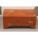 A red Burmese lacquer chest, Burma, after an antique example, 20th century.