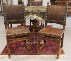 Four walnut dining room chairs with brown leather upholstery, neo renaissance