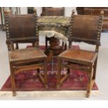 Four walnut dining room chairs with brown leather upholstery, neo renaissance