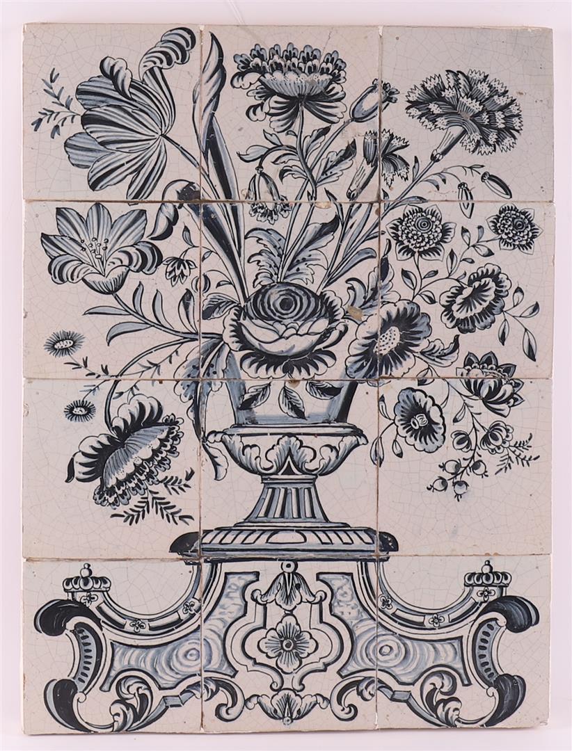 A 12-pass tile tableau with a flower vase decor, Netherlands, 18th century.