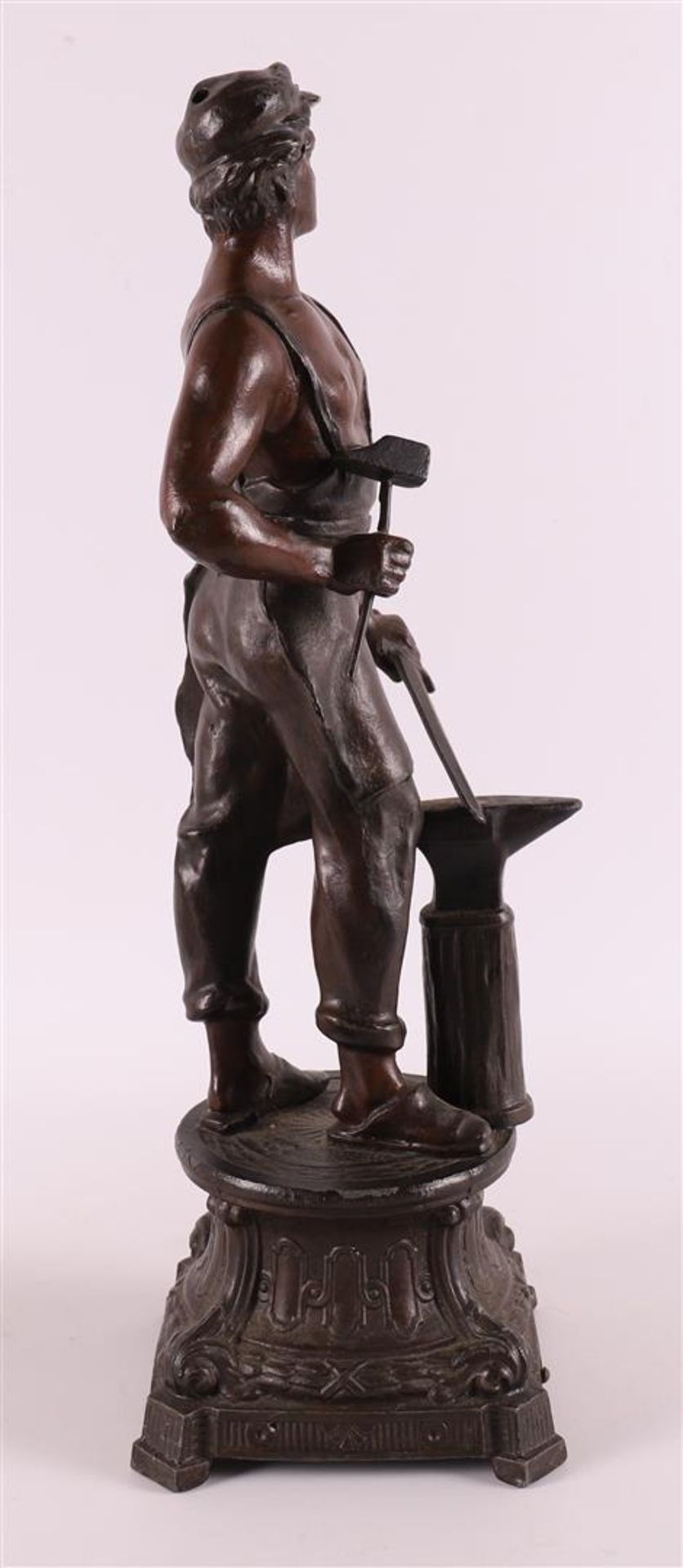 A set of brown patinated white metal 'samac' statues of a lute player and blacks - Image 7 of 9