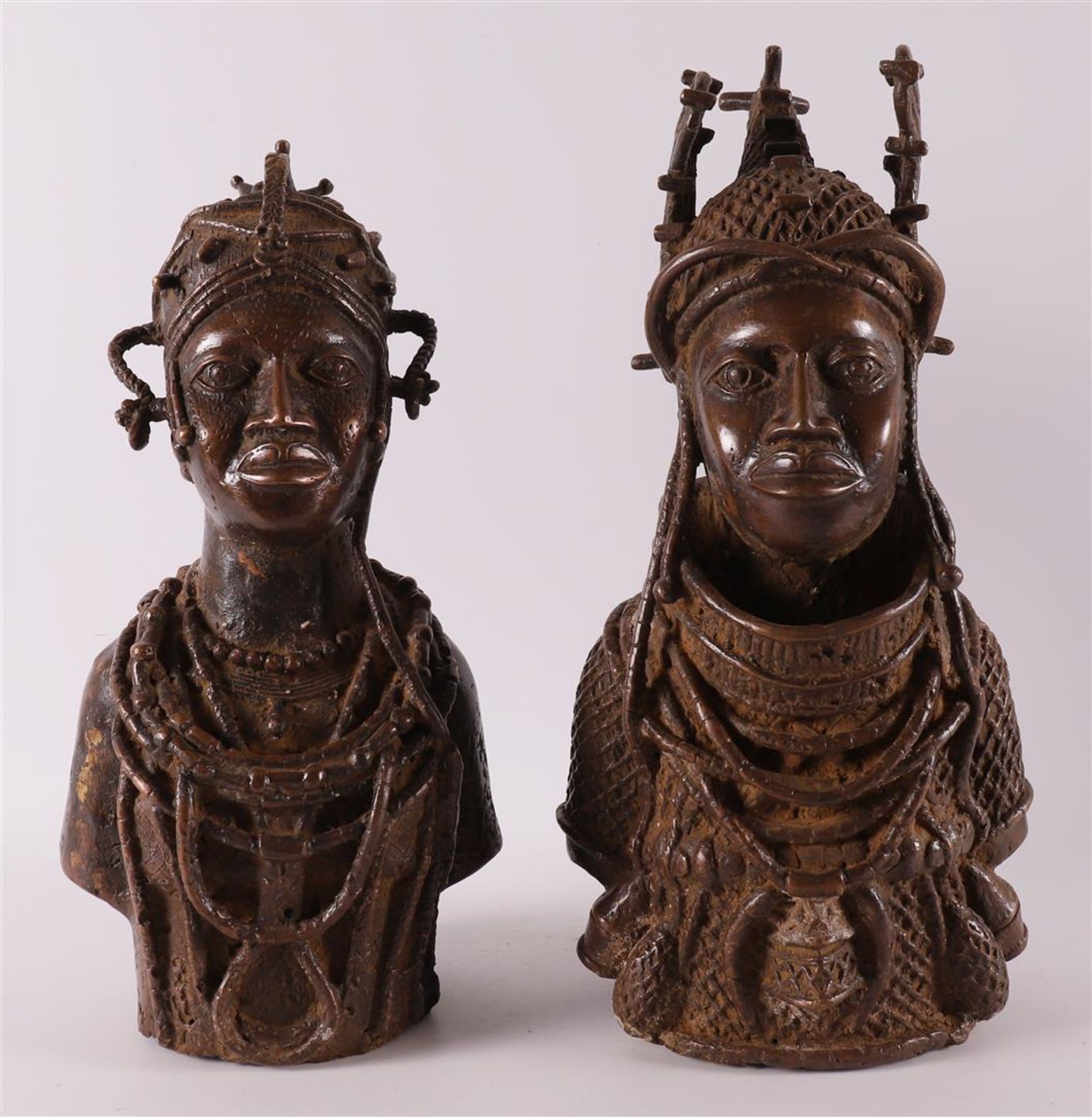 A brown patinated Benin bronze of a royal couple, Africa, Nigeria, 20th century