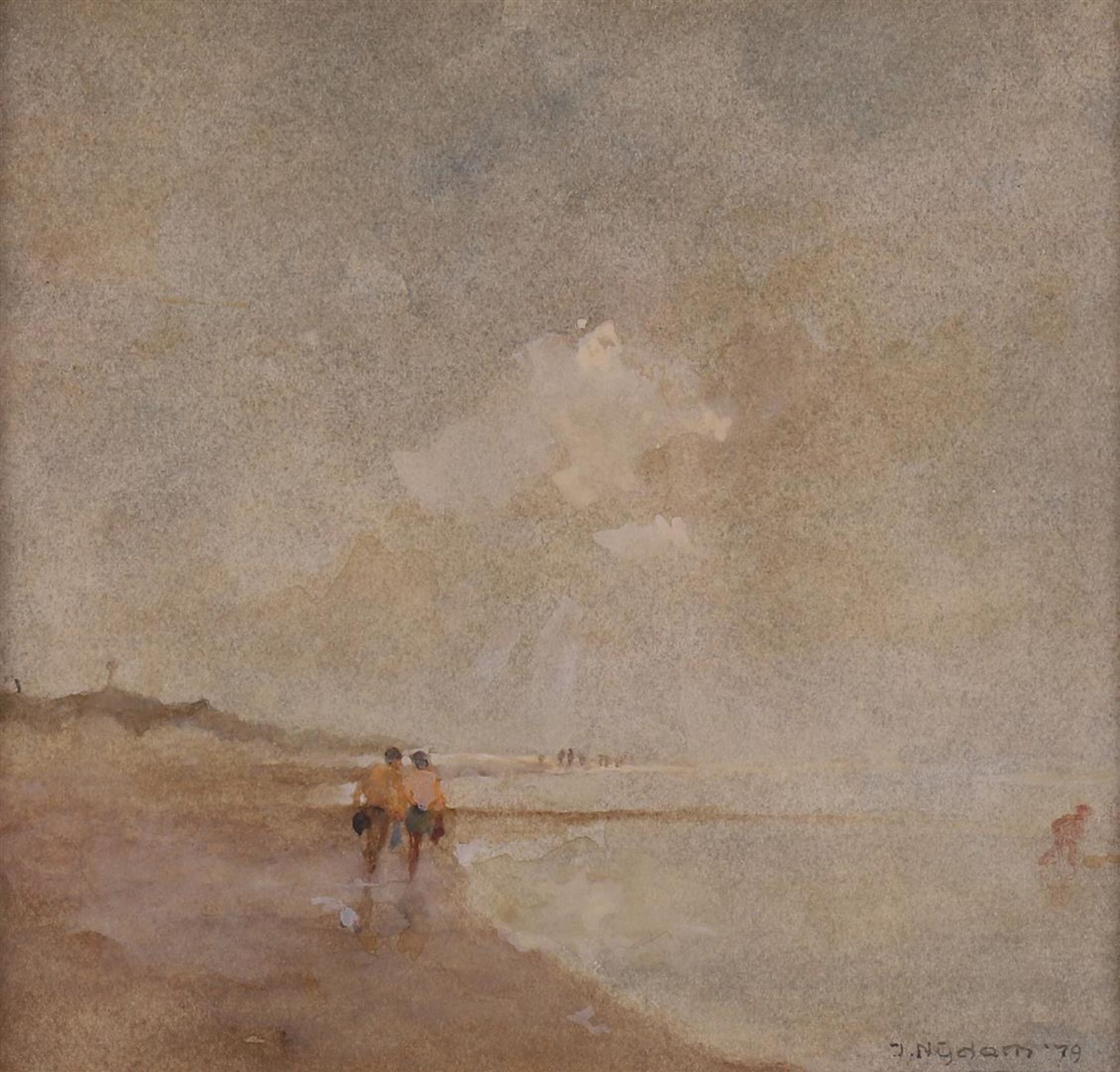 Nijdam, Johannes (Franeker 1910-1982) 'Walkers along the beach', - Image 2 of 2