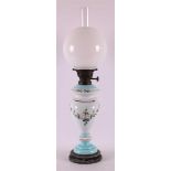 A polychrome opaline glass table oil lamp with convex glass shade, 19th century