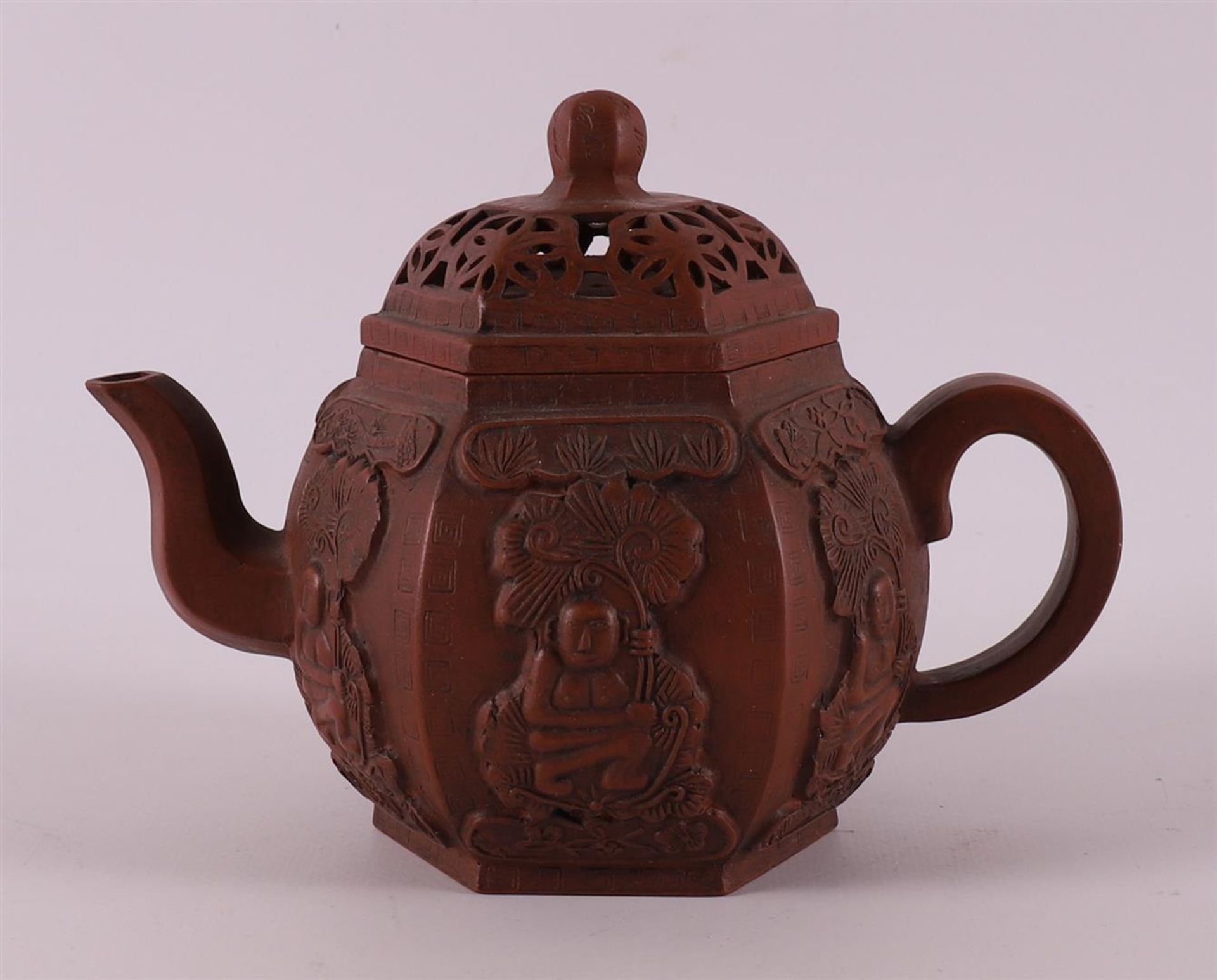 A yixing stoneware hexagonal teapot, China, 20th century.