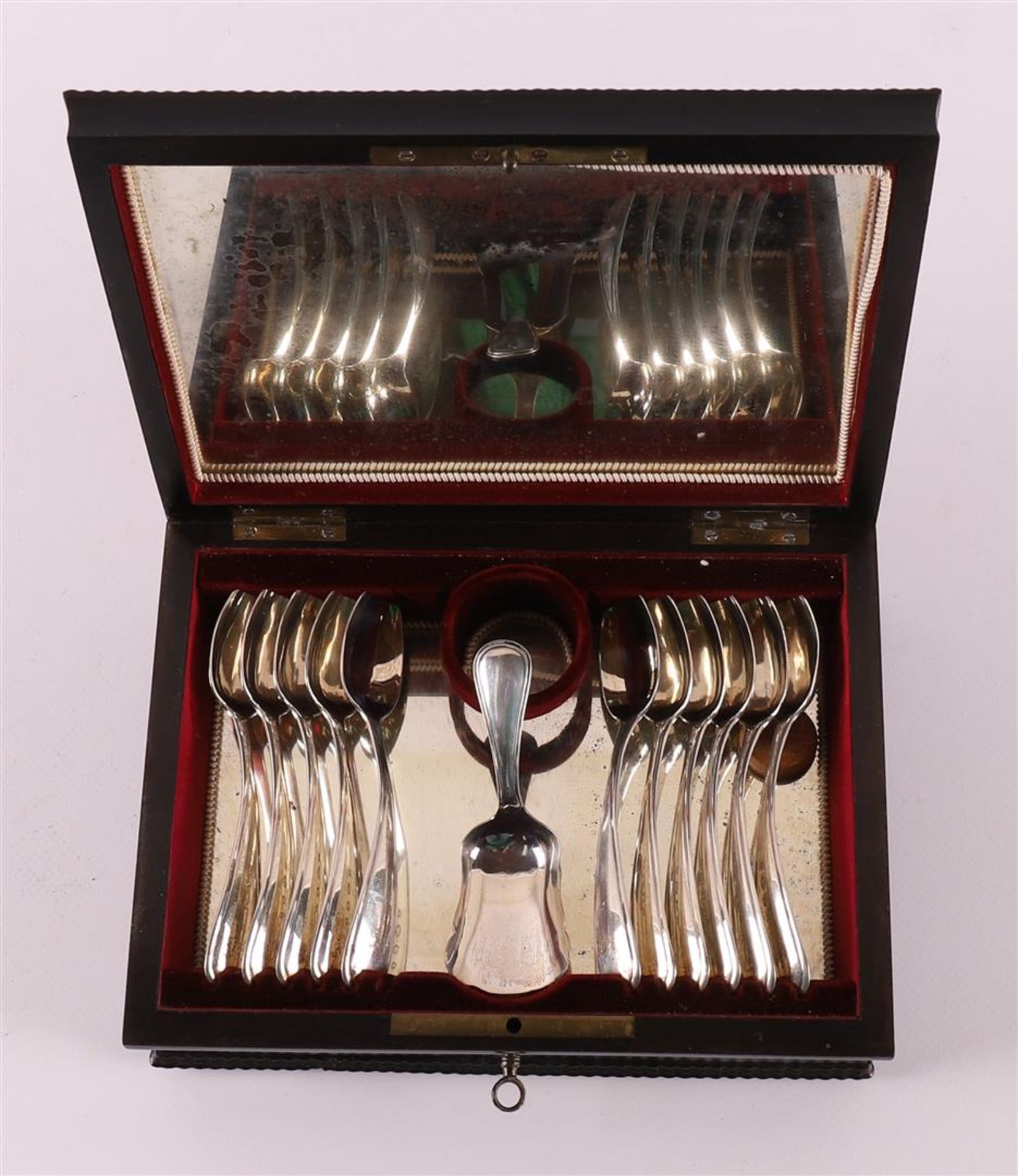 An ebony cassette with silver teaspoons + tea scoop, 19th century. - Image 2 of 5