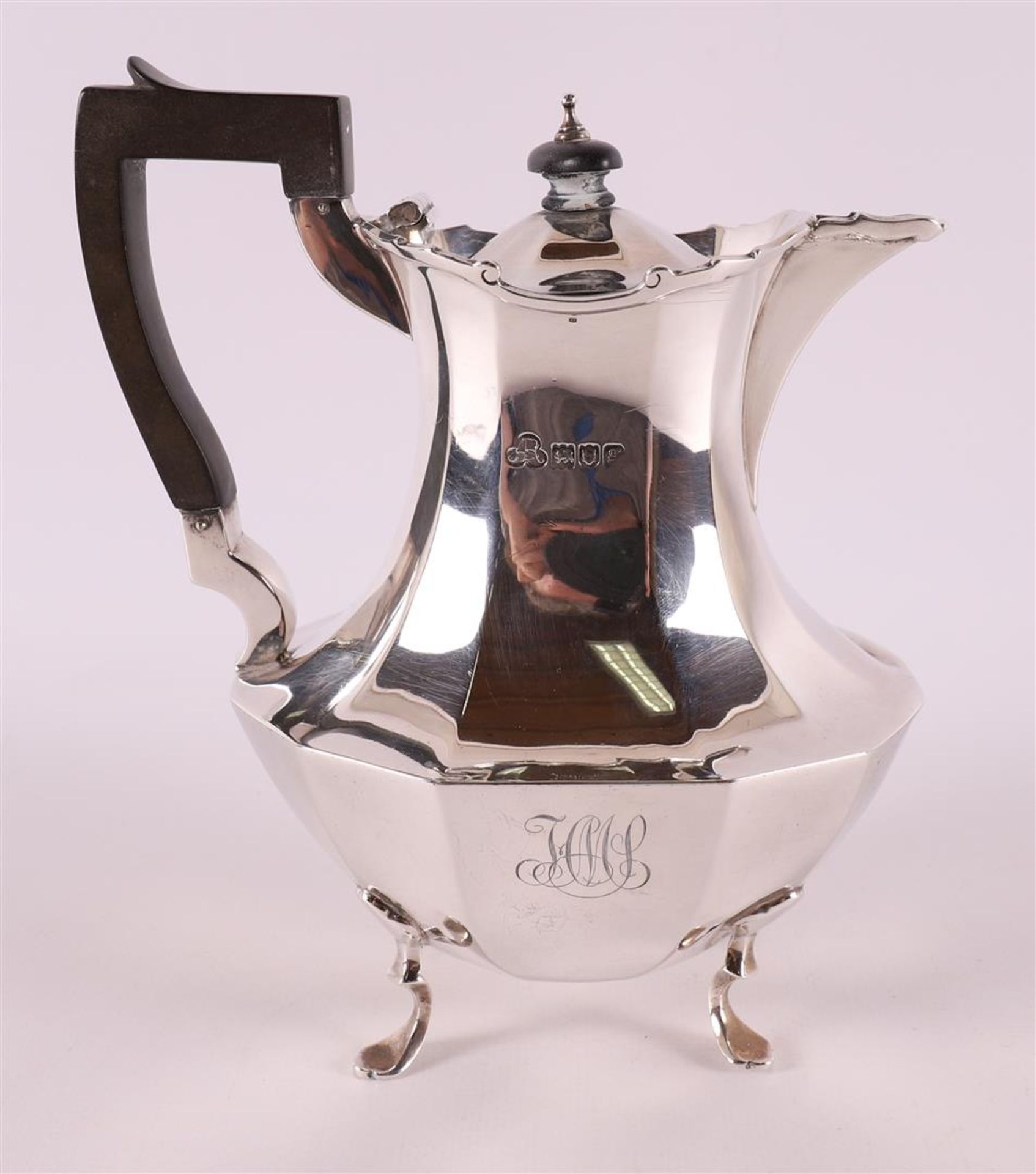 A silver teapot with ebony handle, England, year letter 1902 - Image 4 of 5