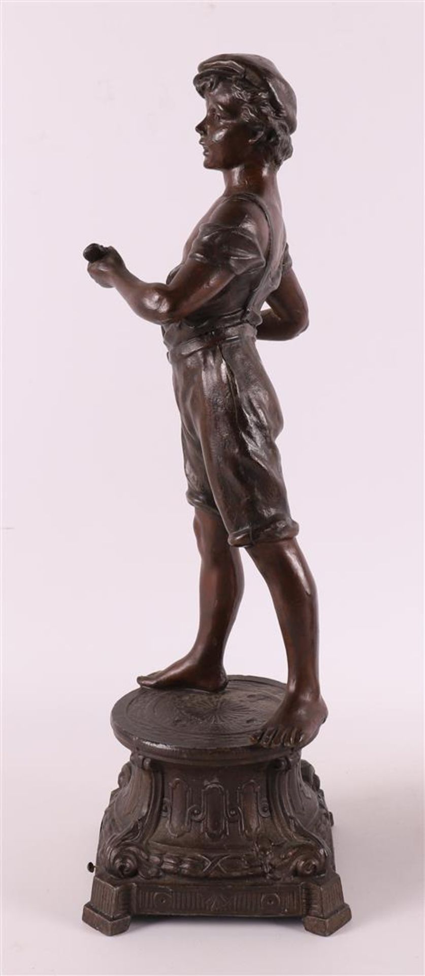 A set of brown patinated white metal 'samac' statues of a lute player and blacks - Image 3 of 9