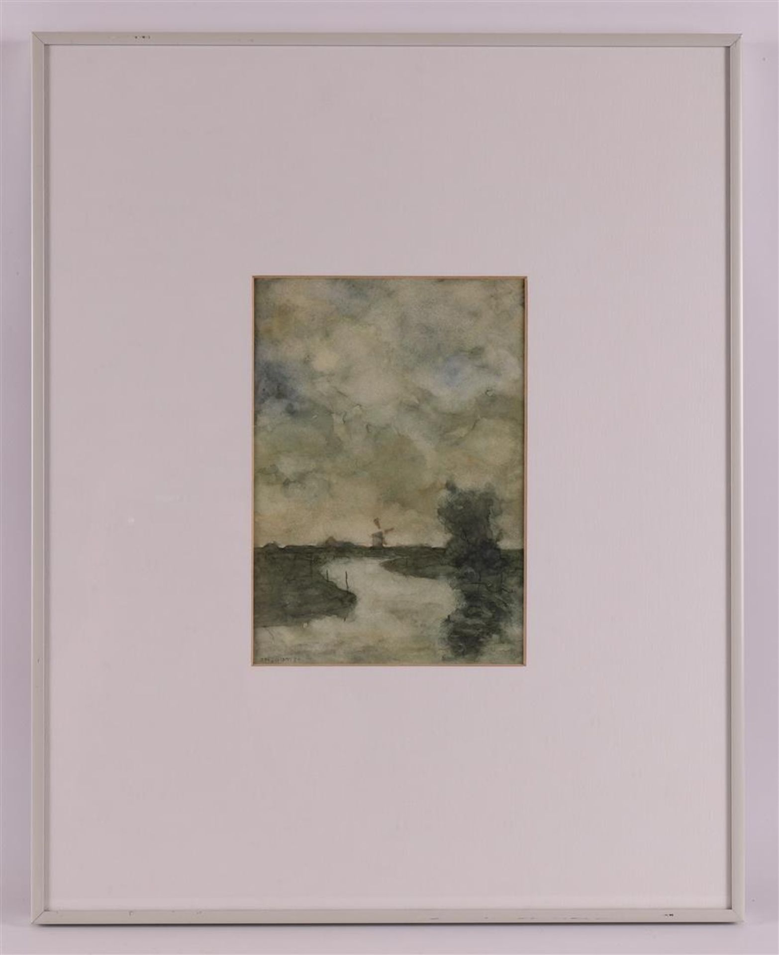 Nijdam, Johannes (Franeker 1910-1982) 'Polder landscape with mill on the canal',