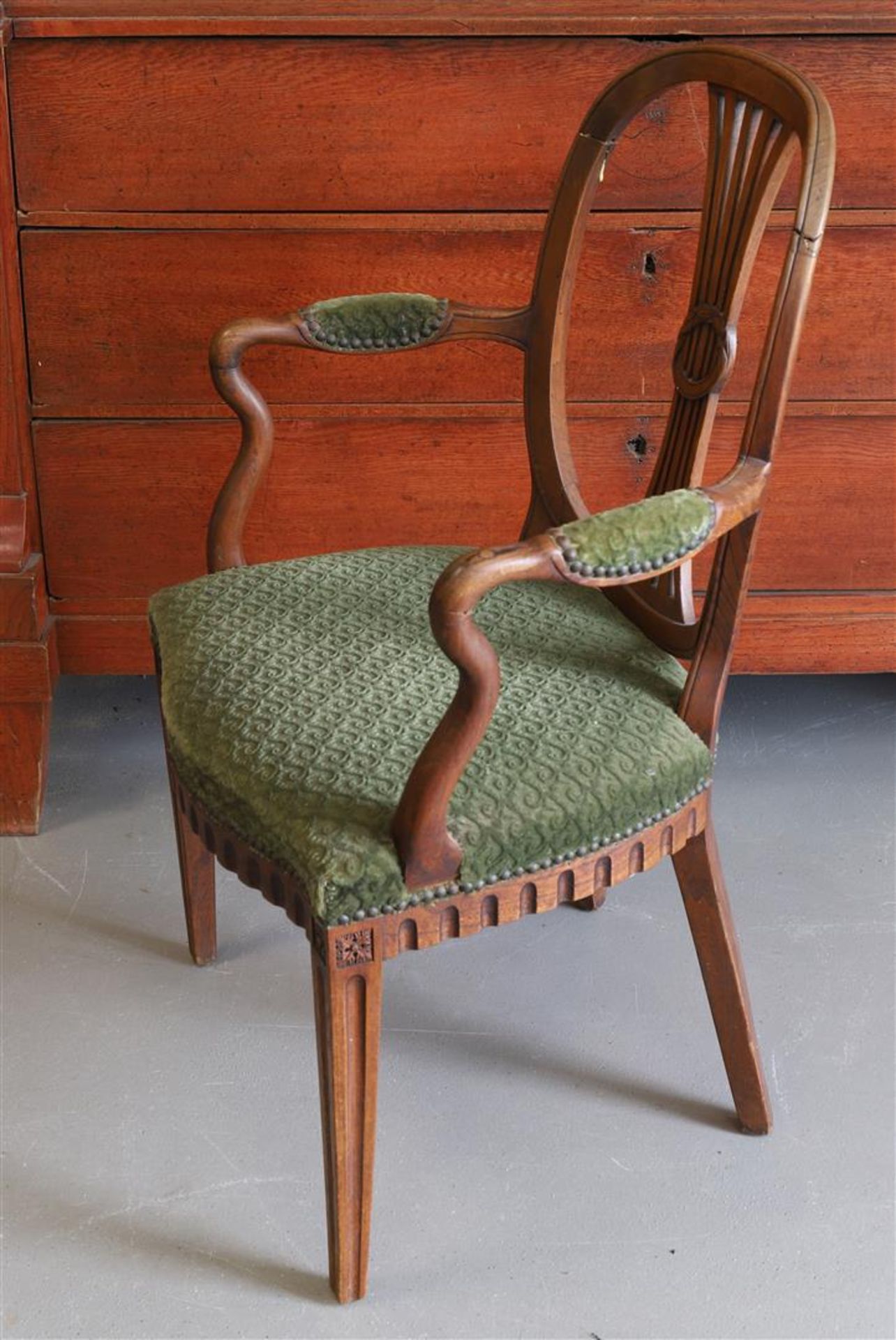 An elm wood armrest chair with green fabric upholstery, Louis XVI, - Image 2 of 2