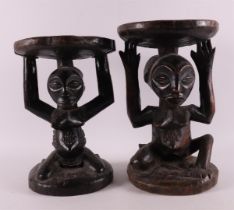 Two carved wooden stools, Luba, Congo, Central Africa, 20th century