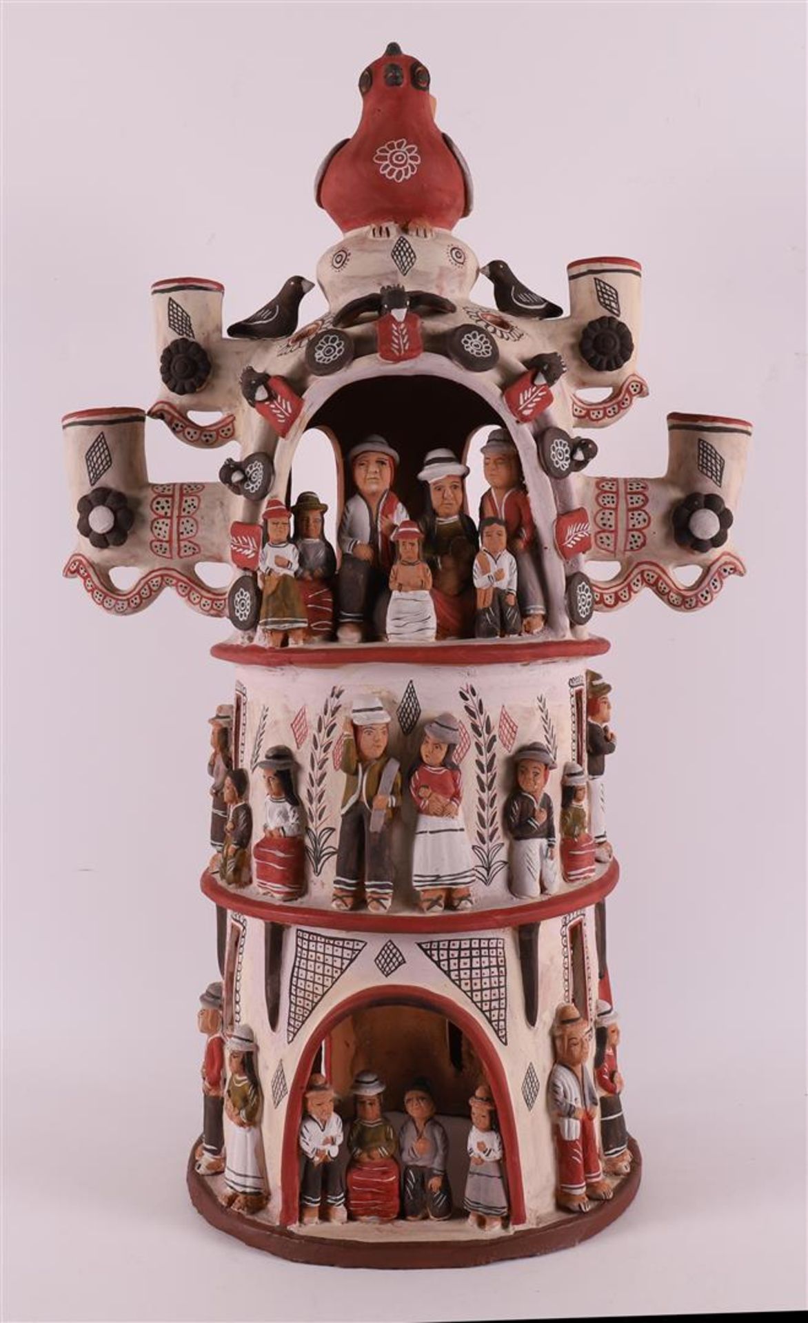 A ceramic candlestick with Central American figures, late 20th century.