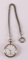 A men's vest pocket watch in silver case, on a base chain, around 1900.