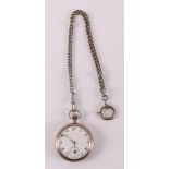 A men's vest pocket watch in silver case, on a base chain, around 1900.