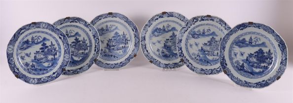 A series of six blue/white porcelain octagonal plates, China, Qianlong