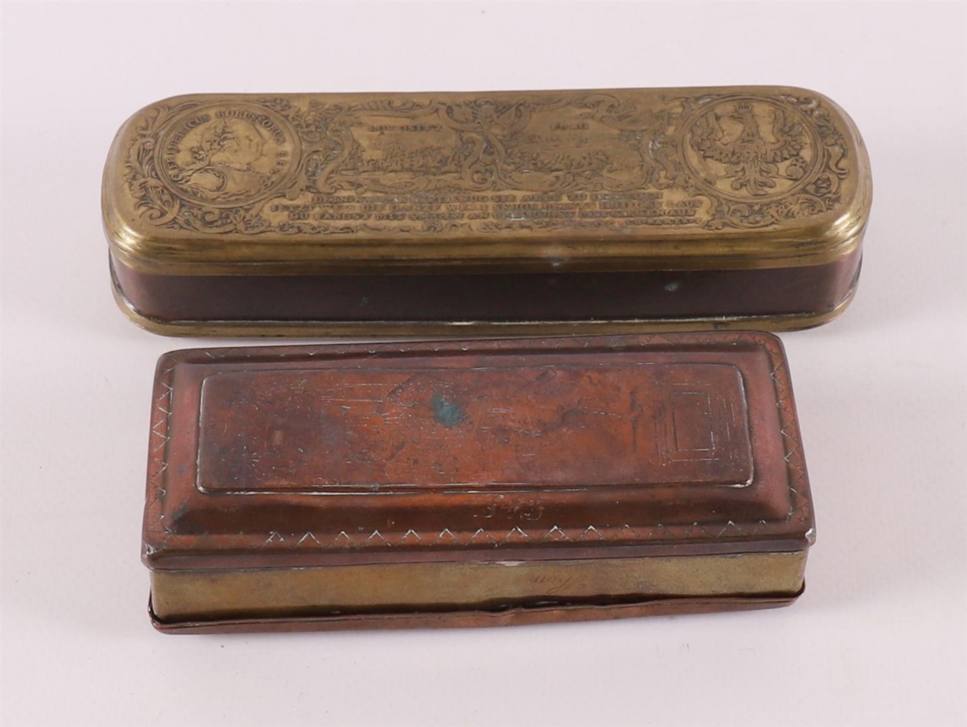 Two various brass tobacco boxes, 18th century.