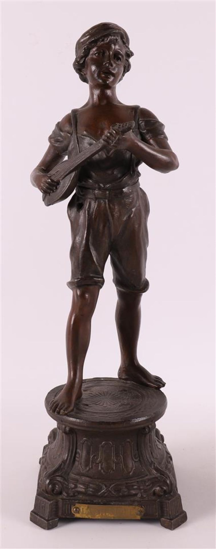 A set of brown patinated white metal 'samac' statues of a lute player and blacks - Image 2 of 9