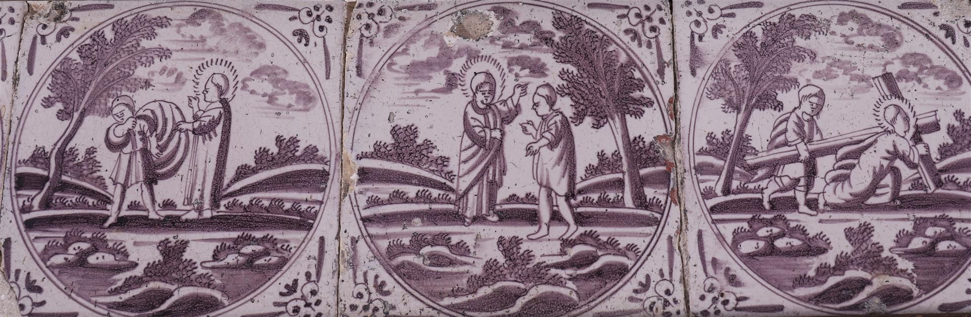 Two tableaus with manganese-colored religious tiles, 18th century. - Image 3 of 3