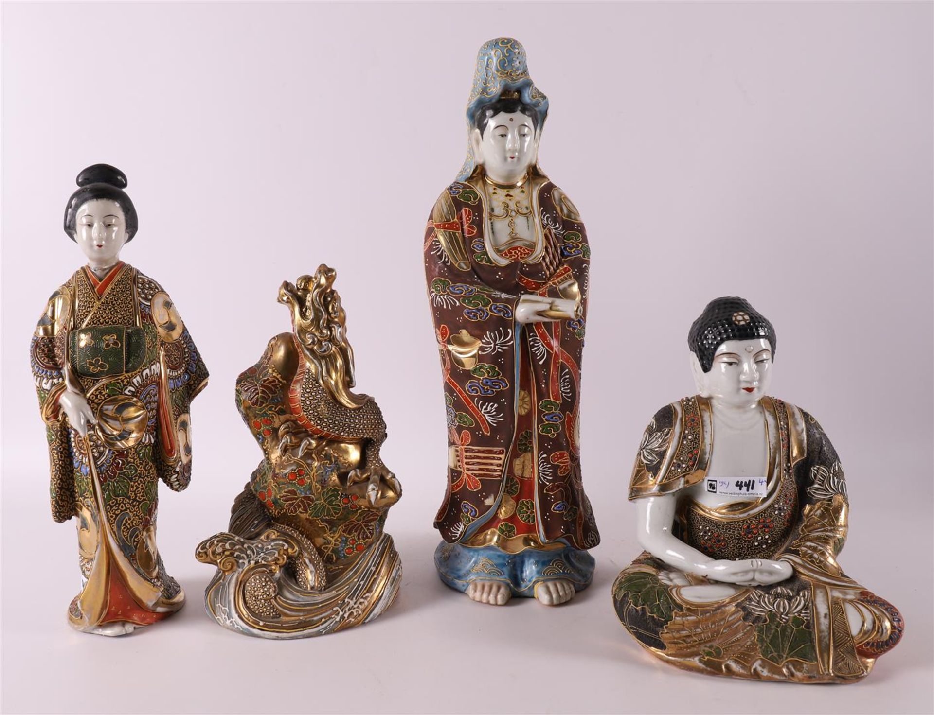 Four porcelain Satsuma figures, including geisha and Buddha, Japan, Meiji, 20th  - Image 6 of 11