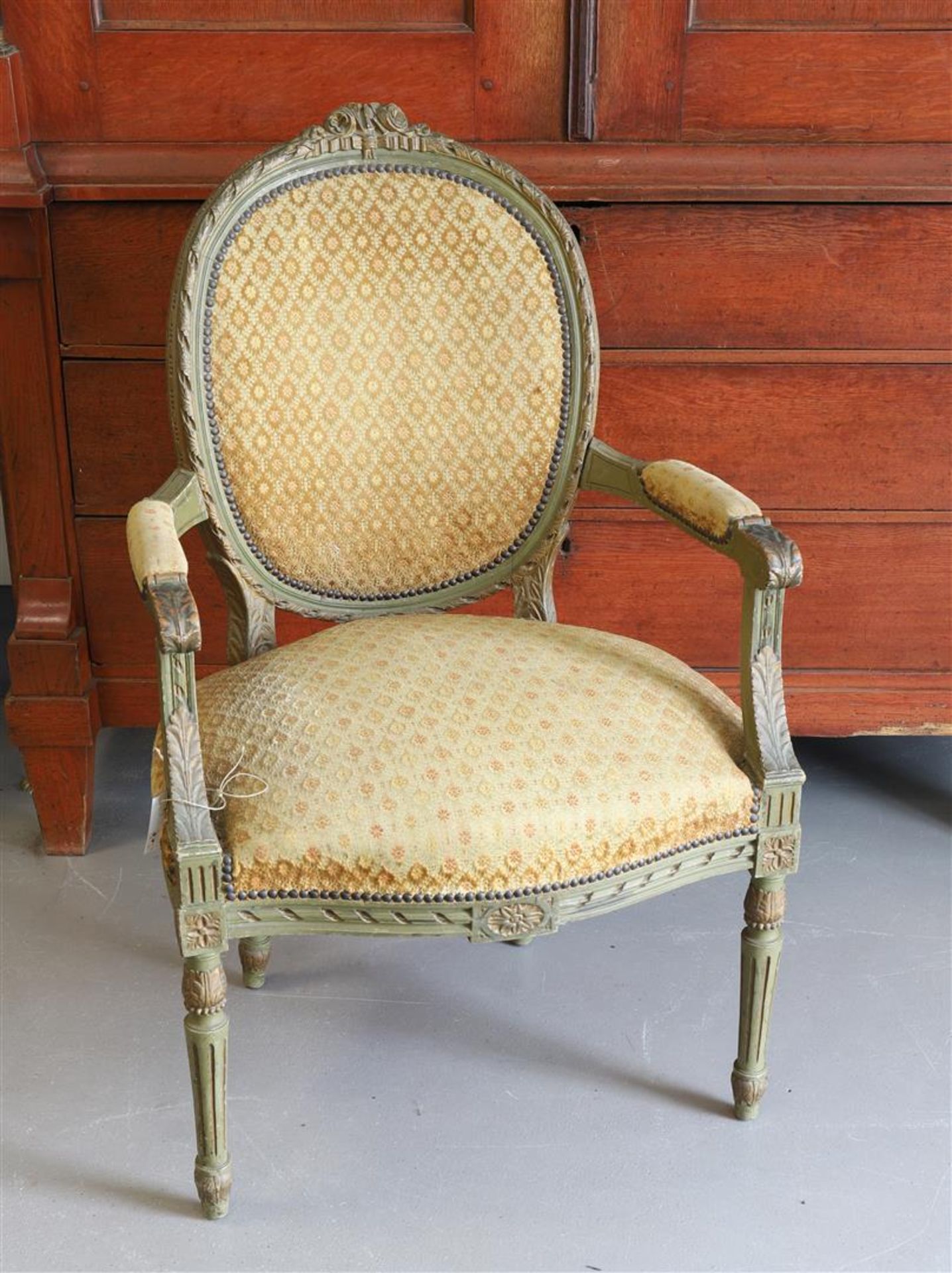 A ladies' armchair, Louis XVI with fabric upholstery, late 18th century.