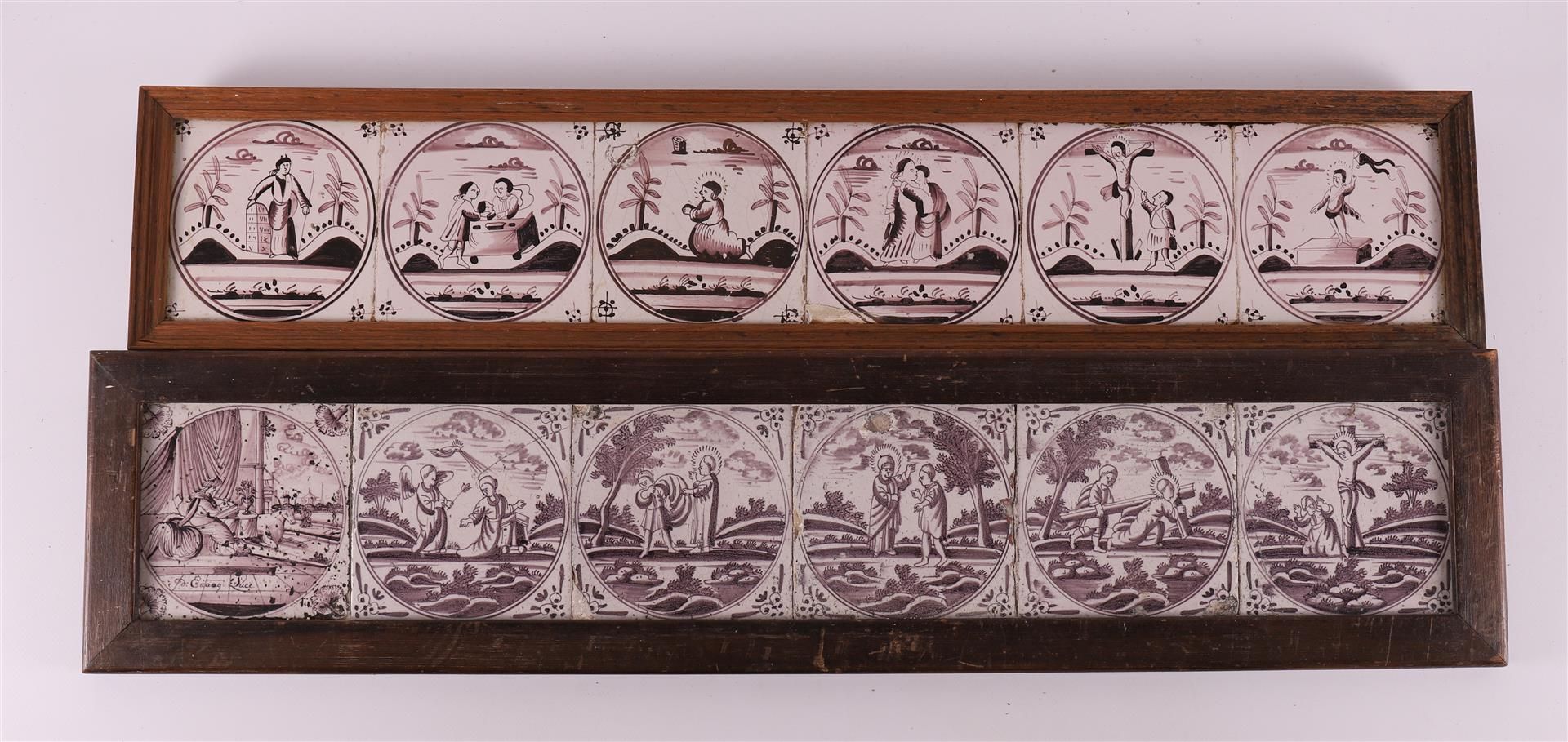Two tableaus with manganese-colored religious tiles, 18th century.