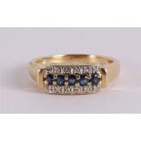 An 18 kt 750/1000 gold ring with 5 blue sapphires and 12 diamonds