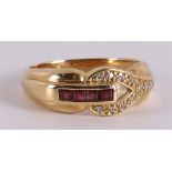 An 18 kt gold ring with 4 princess cut rubies and 11 brilliants.
