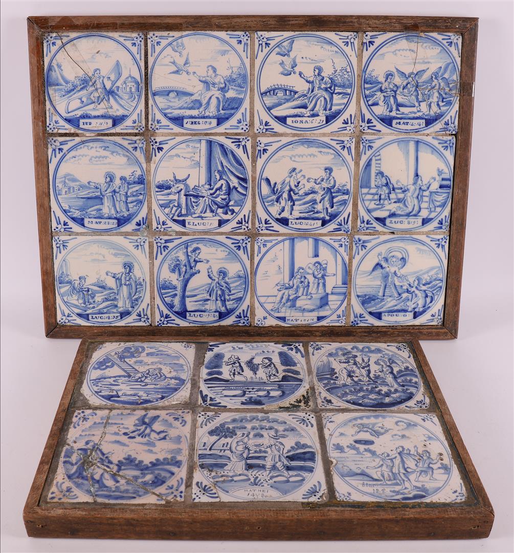 A twelve-step tile tableau with blue/white religious tiles, 18th century.