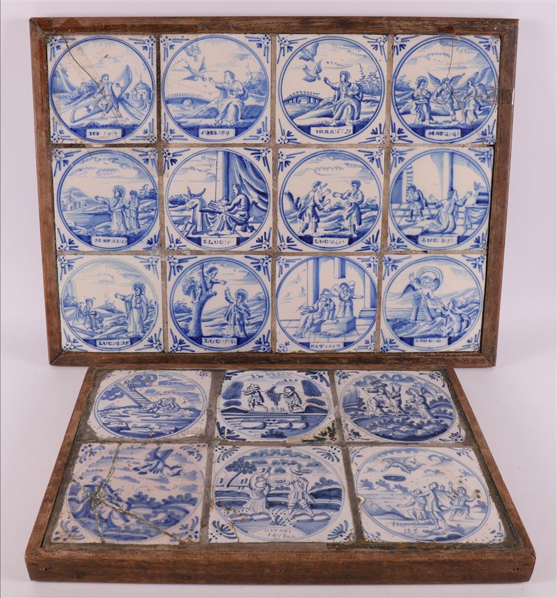 A twelve-step tile tableau with blue/white religious tiles, 18th century.
