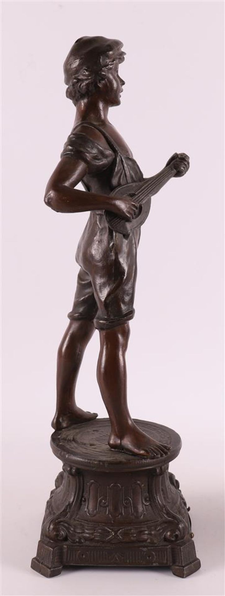 A set of brown patinated white metal 'samac' statues of a lute player and blacks - Image 5 of 9