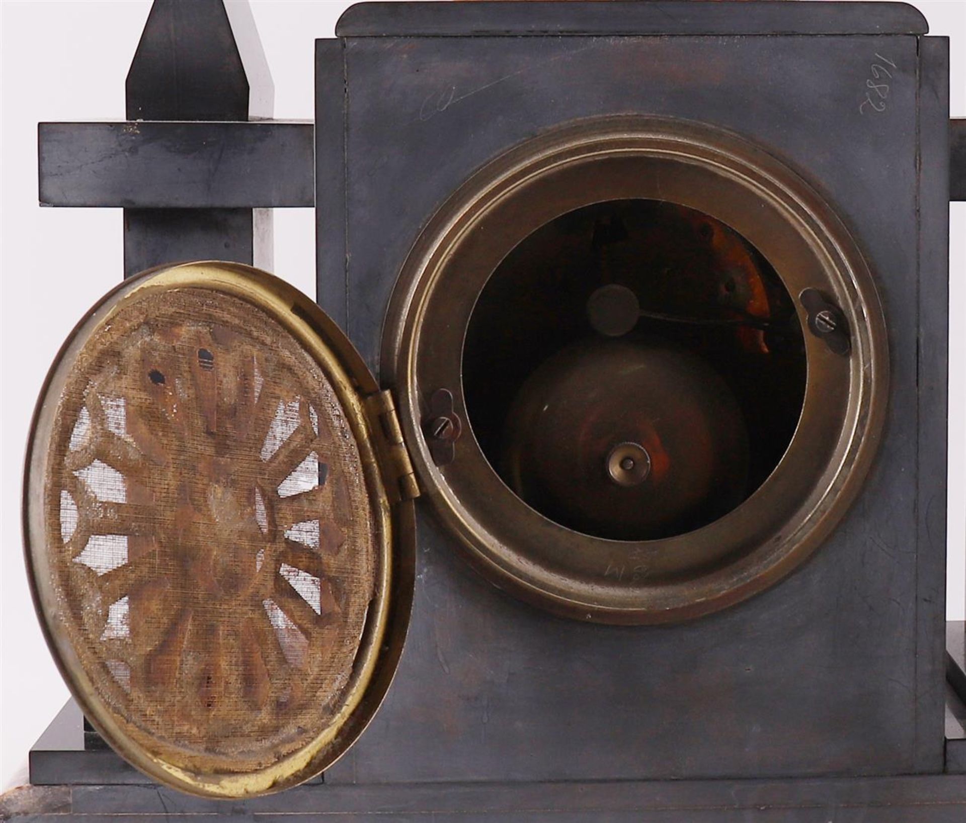 A three-piece black marble mantel clock, late 19th century. - Image 4 of 6