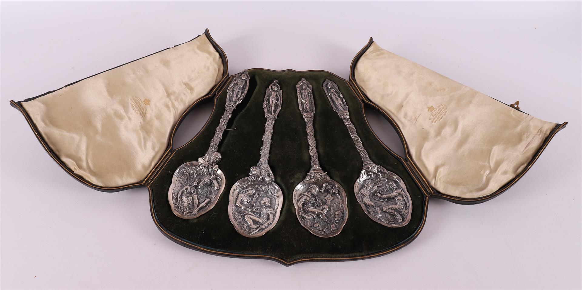 A series of four silver 'Shakespeare' ornamental spoons in original case, 1851