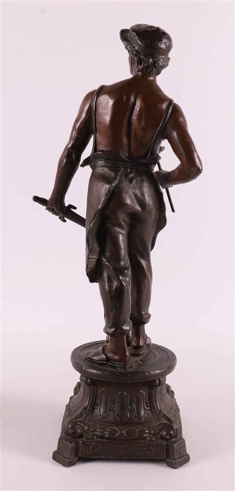 A set of brown patinated white metal 'samac' statues of a lute player and blacks - Image 8 of 9