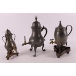 Three various pewter tap jugs, including so-called courtiers, 19th century.