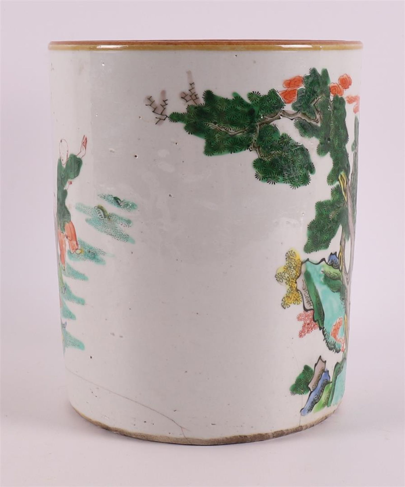 A cylindrical porcelain famille verte brush pot, China, late 19th century - Image 2 of 8