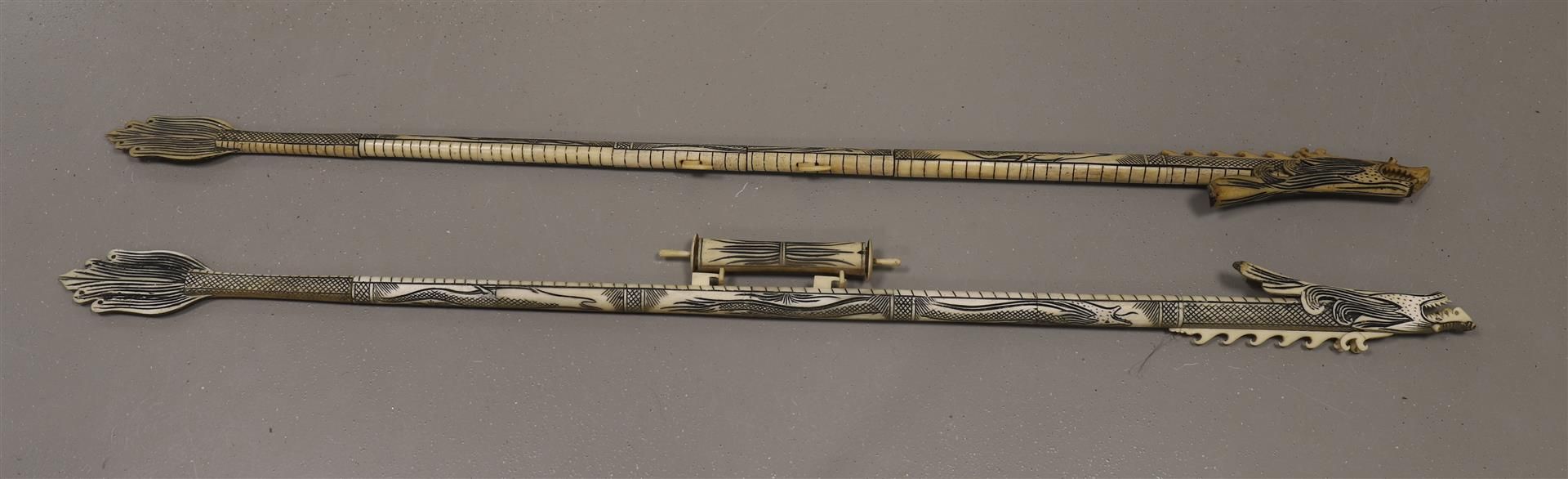 Two various bone Dayak blowguns, tourist, Borneo 20th century.