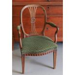 An elm wood armrest chair with green fabric upholstery, Louis XVI,