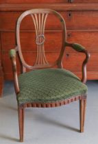 An elm wood armrest chair with green fabric upholstery, Louis XVI,