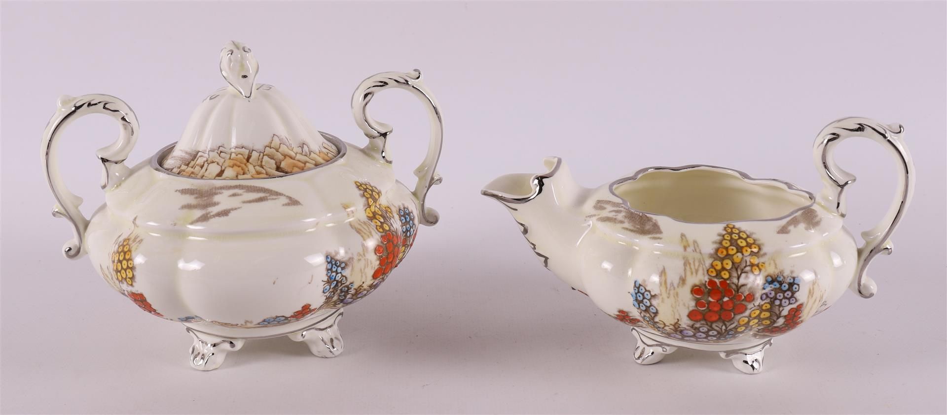 A creamware teapot with sugar bowl and milk jug, England, Stafford, 20th century - Image 7 of 12