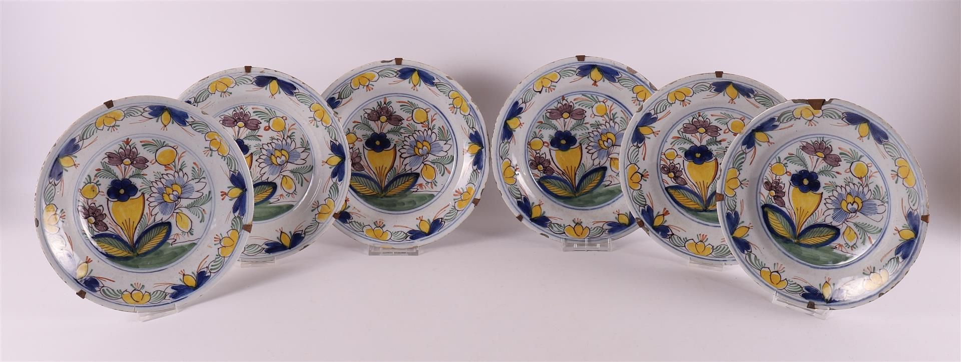 A series of six Delft earthenware plates, 18th century.