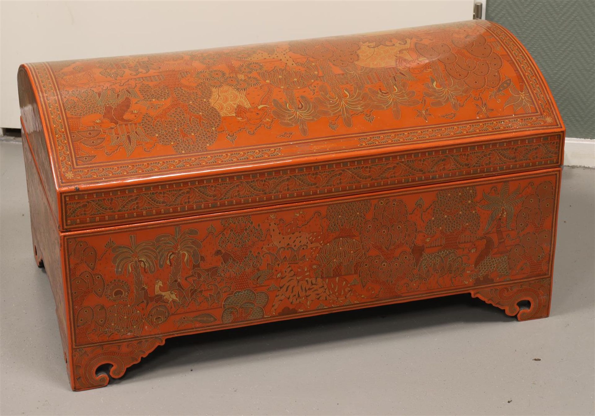 A red Burmese lacquer chest, Burma, after an antique example, 20th century. - Image 2 of 3