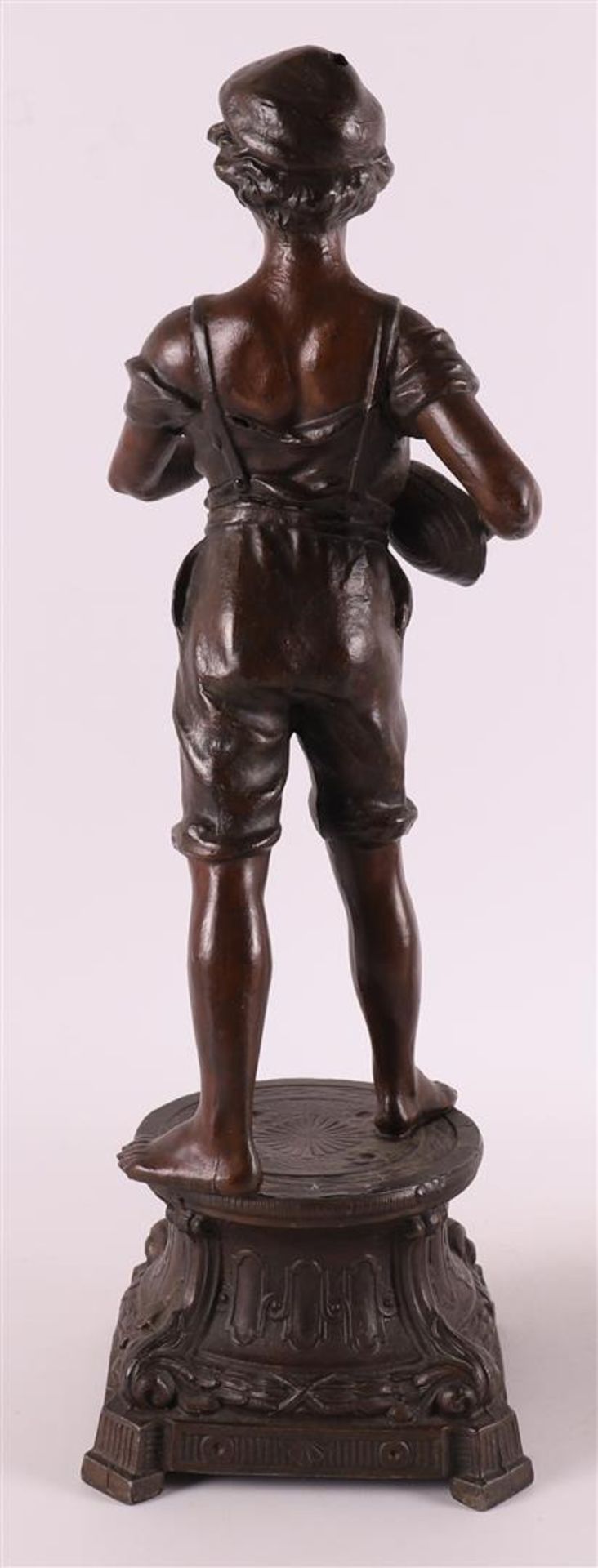 A set of brown patinated white metal 'samac' statues of a lute player and blacks - Image 4 of 9