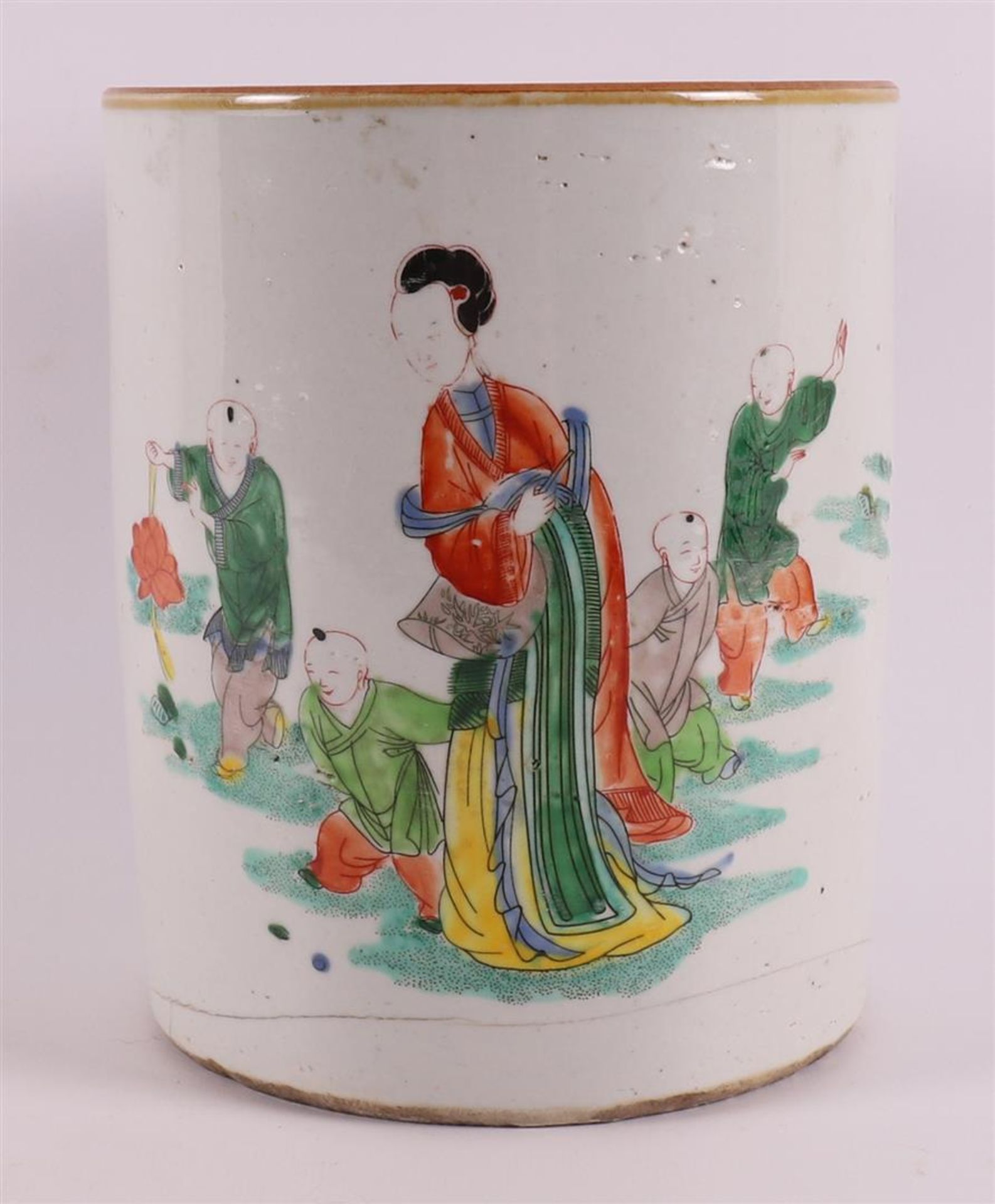 A cylindrical porcelain famille verte brush pot, China, late 19th century